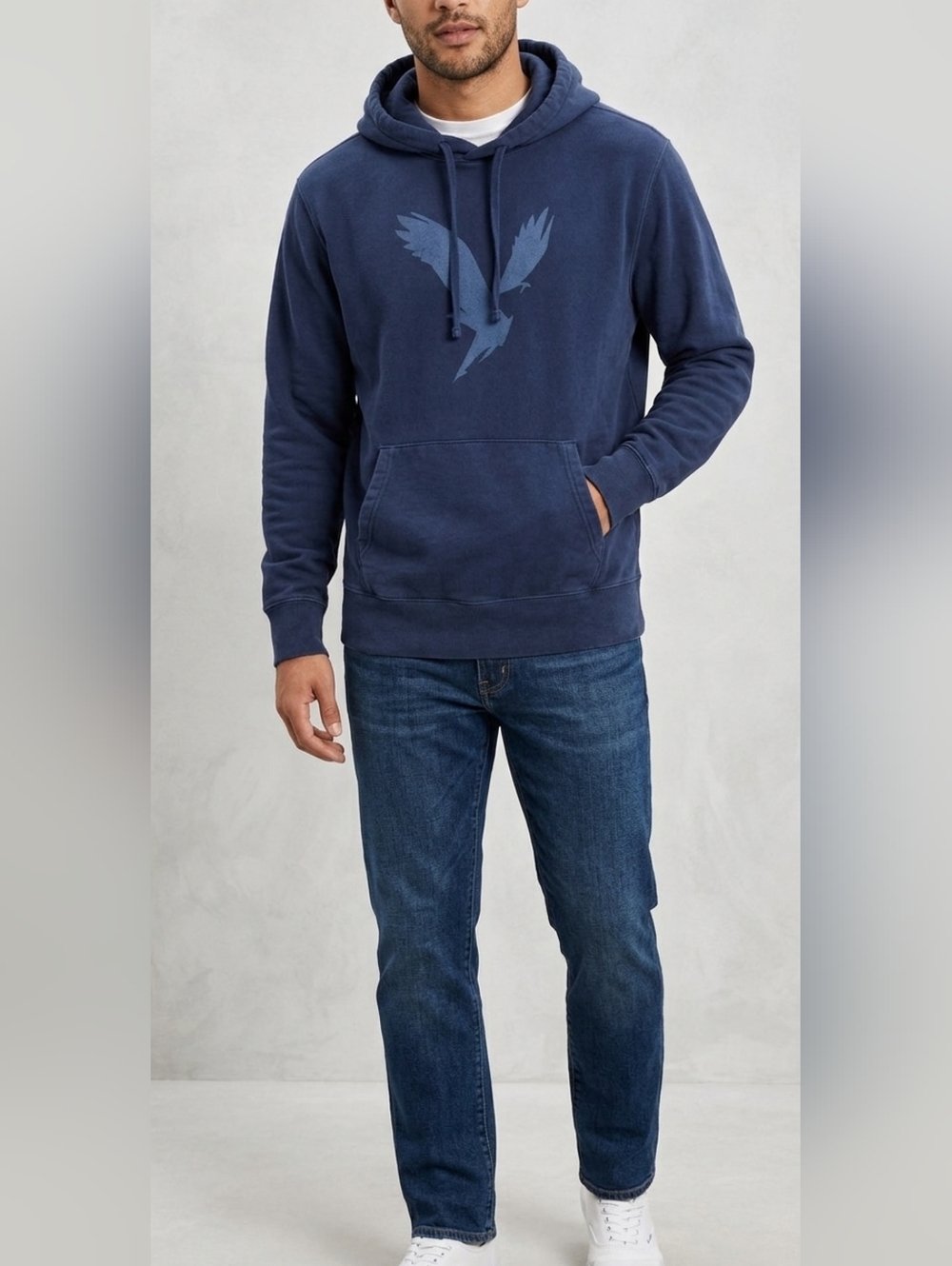 American Eagle Hoodie M Navy Blue Big Logo Super Soft Pullover Hooded Sweatshirt